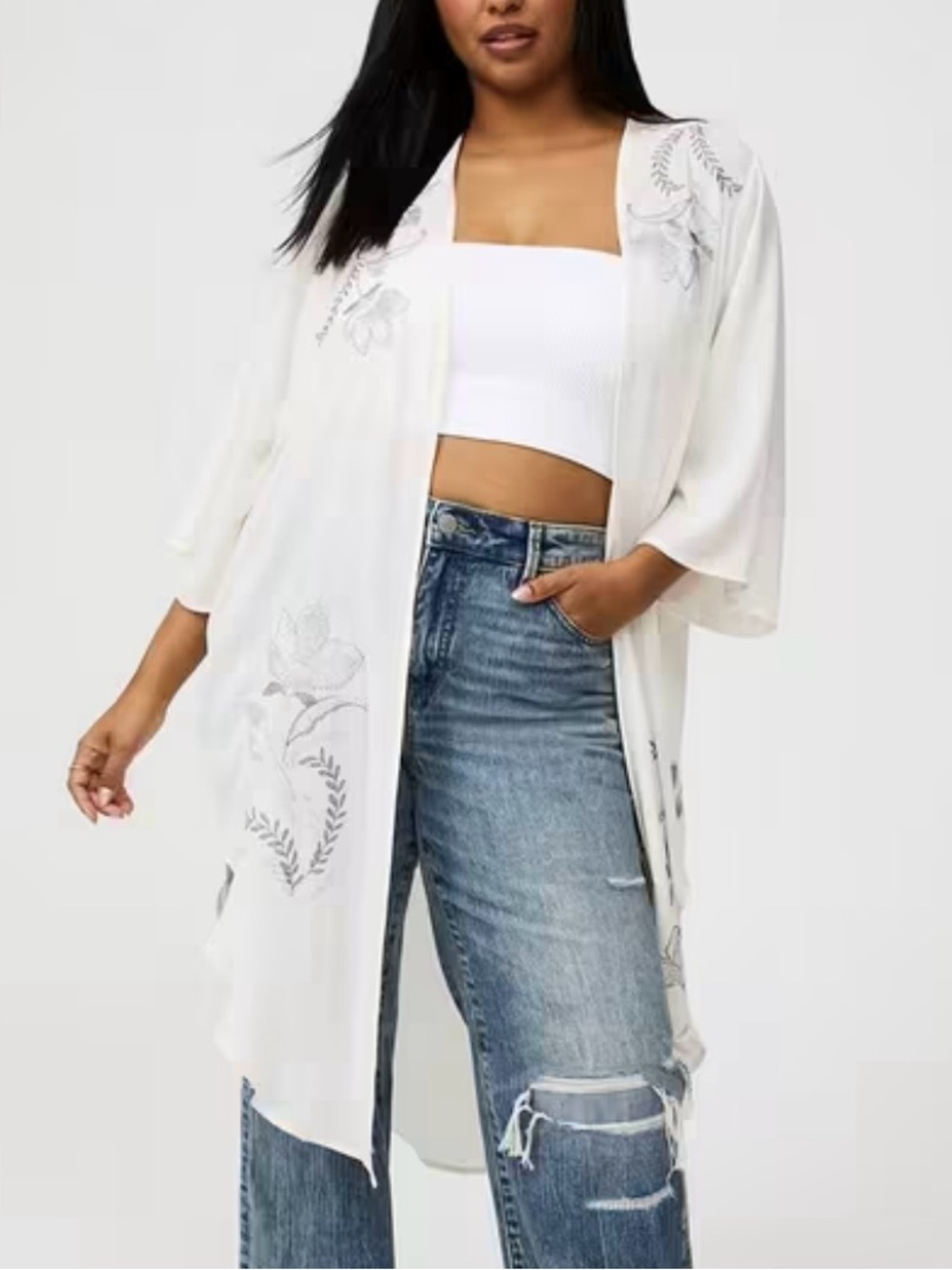 NWT Torrid White & Silver Floral Embroidered Chiffon Shirttail Kimono Size 1X
